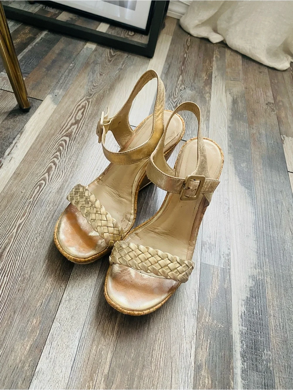Womens Metallic Gold Braided Wedge Sandals with Ankle Strap